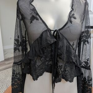 Sheer Black Lace Ruffle Tie-Front Blouse - Feminine Layered Top